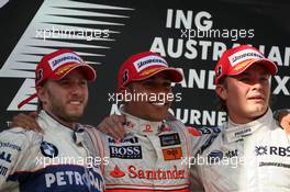 16.03.2008 Melbourne, Australia,  Lewis Hamilton (GBR), McLaren Mercedes, Nick Heidfeld (GER), BMW Sauber F1 Team, Nico Rosberg (GER), WilliamsF1 Team - Formula 1 World Championship, Rd 1, Australian Grand Prix, Sunday Podium