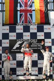 16.03.2008 Melbourne, Australia,  Nick Heidfeld (GER), BMW Sauber F1 Team, Lewis Hamilton (GBR), McLaren Mercedes, Nico Rosberg (GER), WilliamsF1 Team - Formula 1 World Championship, Rd 1, Australian Grand Prix, Sunday Podium