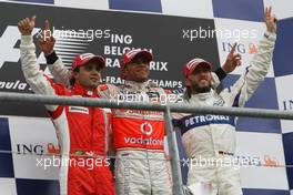 07.09.2008 Francorchamps, Belgium,  2nd, Felipe Massa (BRA), Scuderia Ferrari, 1st, Lewis Hamilton (GBR), McLaren Mercedes and 3rd, Nick Heidfeld (GER), BMW Sauber F1 Team - Formula 1 World Championship, Rd 13, Belgian Grand Prix, Sunday Podium