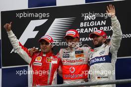 07.09.2008 Francorchamps, Belgium,  2nd, Felipe Massa (BRA), Scuderia Ferrari, 1st, Lewis Hamilton (GBR), McLaren Mercedes and 3rd, Nick Heidfeld (GER), BMW Sauber F1 Team - Formula 1 World Championship, Rd 13, Belgian Grand Prix, Sunday Podium