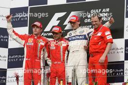 06.04.2008 Sakhir, Bahrain,  1st, Felipe Massa (BRA), Scuderia Ferrari, 2nd, Kimi Raikkonen (FIN), Räikkönen, Scuderia Ferrari, 3rd, Robert Kubica (POL),  BMW Sauber F1 Team - Formula 1 World Championship, Rd 3, Bahrain Grand Prix, Sunday Podium