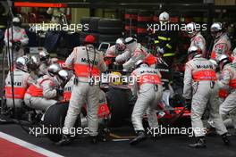02.11.2008 Sao Paulo, Brazil,  Lewis Hamilton (GBR), McLaren Mercedes, MP4-23, Pit stop - Formula 1 World Championship, Rd 18, Brazilian Grand Prix, Sunday Race