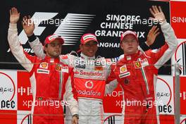 19.10.2008 Shanghai, China,  2nd place Felipe Massa (BRA), Scuderia Ferrari with 1st place Lewis Hamilton (GBR), McLaren Mercedes and 3rd place Kimi Raikkonen (FIN), Räikkönen, Scuderia Ferrari - Formula 1 World Championship, Rd 17, Chinese Grand Prix, Sunday Podium