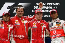 27.04.2008 Barcelona, Spain,  Felipe Massa (BRA), Scuderia Ferrari, Aldo Costa (ITA), Scuderia Ferrari Chief Designer, Kimi Raikkonen (FIN), Räikkönen, Scuderia Ferrari and Lewis Hamilton (GBR), McLaren Mercedes - Formula 1 World Championship, Rd 4, Spanish Grand Prix, Sunday Podium