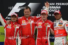 27.04.2008 Barcelona, Spain,  Kimi Raikkonen (FIN), Räikkönen, Scuderia Ferrari, 1st place, Felipe Massa (BRA), Scuderia Ferrari, 2nd place, Lewis Hamilton (GBR), McLaren Mercedes, 3rd place. Aldo Costa (ITA), Scuderia Ferrari, Chief Designer - Formula 1 World Championship, Rd 4, Spanish Grand Prix, Sunday Podium