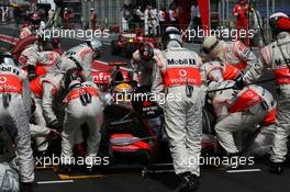 27.04.2008 Barcelona, Spain,  Lewis Hamilton (GBR), McLaren Mercedes, MP4-23 pit stop - Formula 1 World Championship, Rd 4, Spanish Grand Prix, Sunday Race