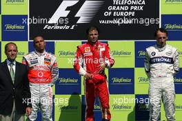 24.08.2008 Valencia, Spain,  Lewis Hamilton (GBR), McLaren Mercedes, Felipe Massa (BRA), Scuderia Ferrari, Lewis Hamilton (GBR), McLaren Mercedes  - Formula 1 World Championship, Rd 12, European Grand Prix, Sunday Podium