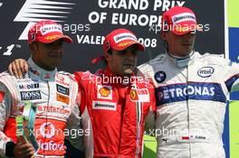 24.08.2008 Valencia, Spain,  2nd place Lewis Hamilton (GBR), McLaren Mercedes with 1st place Felipe Massa (BRA), Scuderia Ferrari and 3rd place Robert Kubica (POL),  BMW Sauber F1 Team - Formula 1 World Championship, Rd 12, European Grand Prix, Sunday Podium