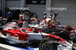 21.06.2008 Magny Cours, France,  Timo Glock (GER), Toyota F1 Team, Lewis Hamilton (GBR), McLaren Mercedes, Jarno Trulli (ITA), Toyota Racing - Formula 1 World Championship, Rd 8, French Grand Prix, Saturday Qualifying