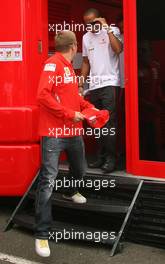 19.06.2008 Magny Cours, France,  Kimi Raikkonen (FIN), Räikkönen, Scuderia Ferrari and Lewis Hamilton (GBR), McLaren Mercedes talk in the Scuderia Ferrari motorhome - Formula 1 World Championship, Rd 8, French Grand Prix, Thursday