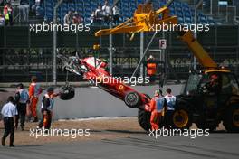 04.07.2008 Silverstone, England,  Felipe Massa (BRA), Scuderia Ferrari after crashing into the tyre wall at Stowe corner - Formula 1 World Championship, Rd 9, British Grand Prix, Friday Practice