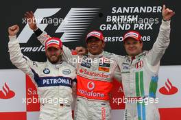 06.07.2008 Silverstone, England,  2nd place Nick Heidfeld (GER), BMW Sauber F1 Team with 1st place Lewis Hamilton (GBR), McLaren Mercedes and 3rd place Rubens Barrichello (BRA), Honda Racing F1 Team - Formula 1 World Championship, Rd 9, British Grand Prix, Sunday Podium