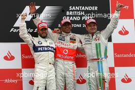 06.07.2008 Silverstone, England,  Nick Heidfeld (GER), BMW Sauber F1 Team, Lewis Hamilton (GBR), McLaren Mercedes, Rubens Barrichello (BRA), Honda Racing F1 Team  - Formula 1 World Championship, Rd 9, British Grand Prix, Sunday Podium