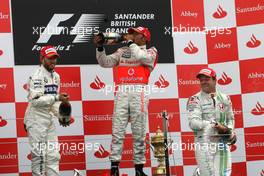 06.07.2008 Silverstone, England,  Nick Heidfeld (GER), BMW Sauber F1 Team, Lewis Hamilton (GBR), McLaren Mercedes, Rubens Barrichello (BRA), Honda Racing F1 Team  - Formula 1 World Championship, Rd 9, British Grand Prix, Sunday Podium