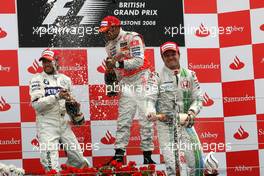 06.07.2008 Silverstone, England,  Nick Heidfeld (GER), BMW Sauber F1 Team, Lewis Hamilton (GBR), McLaren Mercedes, Rubens Barrichello (BRA), Honda Racing F1 Team  - Formula 1 World Championship, Rd 9, British Grand Prix, Sunday Podium