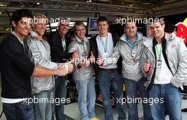 06.07.2008 Silverstone, England,  Alastair Cook (Cricket Player) with Lewis Moody (Rugby Player), Kevin Pieterson (Cricket Player), Brian McFadden (Singer from the Westlife Band), Michael Carrick (Manchester United football player), Alan Dodd (Friend of Brian McFadden) and  Dan Hipkiss (Rugby Player from the Leicester Tigers) - Formula 1 World Championship, Rd 9, British Grand Prix, Sunday