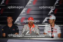 03.07.2008 Silverstone, England,  l-r, Lewis Hamilton (GBR), McLaren Mercedes, David Coulthard (GBR), Red Bull Racing and Jenson Button (GBR), Honda Racing F1 Team - Formula 1 World Championship, Rd 9, British Grand Prix, Thursday Press Conference