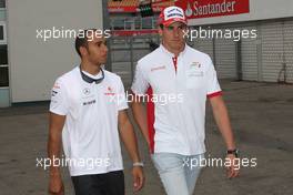 18.07.2008 Hockenheim, Germany,  Lewis Hamilton (GBR), McLaren Mercedes with Adrian Sutil (GER), Force India F1 Team - Formula 1 World Championship, Rd 10, German Grand Prix, Friday