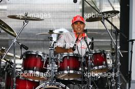 17.07.2008 Hockenheim, Germany,  Lewis Hamilton (GBR), McLaren Mercedes playing the drums - Formula 1 World Championship, Rd 10, German Grand Prix, Thursday