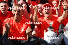 03.08.2008 Budapest, Hungary,  Lewis Hamilton (GBR), McLaren Mercedes and Heikki Kovalainen (FIN), McLaren Mercedes, celebrate Heikki Kovalainen (FIN), McLaren Mercedes first win - Formula 1 World Championship, Rd 11, Hungarian Grand Prix, Sunday Podium