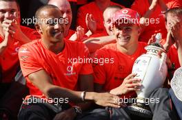 03.08.2008 Budapest, Hungary,  Lewis Hamilton (GBR), McLaren Mercedes, Heikki Kovalainen (FIN), McLaren Mercedes, celebrates first win - Formula 1 World Championship, Rd 11, Hungarian Grand Prix, Sunday Podium