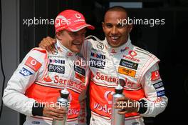 02.08.2008 Budapest, Hungary,  Heikki Kovalainen (FIN), McLaren Mercedes with pole position sitter Lewis Hamilton (GBR), McLaren Mercedes  - Formula 1 World Championship, Rd 11, Hungarian Grand Prix, Saturday Qualifying