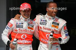 02.08.2008 Budapest, Hungary,  Heikki Kovalainen (FIN), McLaren Mercedes with pole position sitter Lewis Hamilton (GBR), McLaren Mercedes  - Formula 1 World Championship, Rd 11, Hungarian Grand Prix, Saturday Qualifying