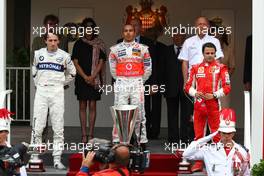 25.05.2008 Monte Carlo, Monaco,  2nd place Robert Kubica (POL),  BMW Sauber F1 Team with 1st place Lewis Hamilton (GBR), McLaren Mercedes and 3rd place Felipe Massa (BRA), Scuderia Ferrari - Formula 1 World Championship, Rd 6, Monaco Grand Prix, Sunday Podium