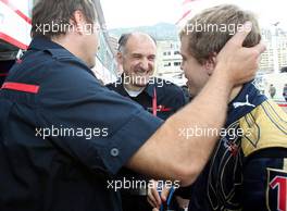 25.05.2008 Monte Carlo, Monaco,  Sebastian Vettel (GER), Scuderia Toro Rosso with Gerhard Berger (AUT), Scuderia Toro Rosso, 50% Team Co Owner and Franz Tost (AUT), Scuderia Toro Rosso, Team Principal - Formula 1 World Championship, Rd 6, Monaco Grand Prix, Sunday Podium