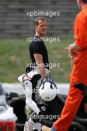 01..06.2008 Nurburgring, Germany,  Michael Schumacher (ex. F1 driver/ Ferrari/world champion) after falling off his bike, IDM German Super Bike Championship, race 1