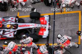 23.03.2008 Kuala Lumpur, Malaysia,  Lewis Hamilton (GBR), McLaren Mercedes during pitstop - Formula 1 World Championship, Rd 2, Malaysian Grand Prix, Sunday Race