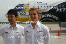 20.03.2008 Kuala Lumpur, Malaysia,  Kazuki Nakajima (JPN), Williams F1 Team and Nico Rosberg (GER), WilliamsF1 Team, Launch of the "Frank Williams" Air Asia Airliner - Formula 1 World Championship, Rd 2, Malaysian Grand Prix, Thursday