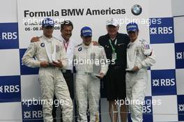 07.06.2008 Montreal, Canada,  l-r, 2nd, Maxime Pelletier, Apex-HBR Racing Team, Dr. Mario Theissen (GER), BMW Sauber F1 Team, BMW Motorsport Director, 1st, Ricardo Favoretto, Euronational and 3rd, Mikael Grenier, Apex-HBR Racing Team - Formula BMW USA 2008, Rd 3 & 4, Montreal, Saturday Podium