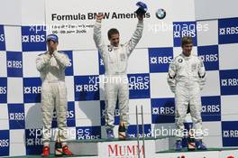 07.06.2008 Montreal, Canada,  l-r, 2nd, Maxime Pelletier, Apex-HBR Racing Team, 1st, Ricardo Favoretto, Euronational and 3rd, Mikael Grenier, Apex-HBR Racing Team - Formula BMW USA 2008, Rd 3 & 4, Montreal, Saturday Podium