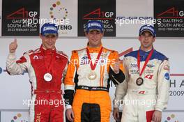 22.02.2009 Johannesburg, South Africa,  Sprint race podium, Filipe Albuquerque (POR), driver of A1 Team Portugal, Jeroen Bleekemolen (NED), driver of A1 Team Netherlands and Neel Jani (SUI), driver of A1 Team Switzerland - A1GP World Cup of Motorsport 2008/09, Round 5, Gauteng, Sunday Race 1 - Copyright A1GP - Free for editorial usage