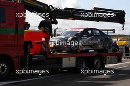 19.07.2009 Zandvoort, The Netherlands,  The damaged car of Christian Bakkerud (DNK), Kolles TME, Audi A4 DTM being brought back to the pitlane after the incident in the warm up. - DTM 2009 at Circuit Park Zandvoort, The Netherlands