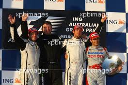 29.03.2009 Melbourne, Australia,  2nd place Rubens Barrichello (BRA), Brawn GP with Ross Brawn (GBR) Brawn Grand Prix Team Principal, 1st place Jenson Button (GBR), Brawn GP and 3rd place Jarno Trulli (ITA), Toyota Racing - Formula 1 World Championship, Rd 1, Australian Grand Prix, Sunday Podium