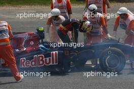 08.05.2009 Barcelona, Spain,  Sébastien Buemi (SUI), Scuderia Toro Rosso stops on the circuit and his brakes catch fire - Formula 1 World Championship, Rd 5, Spanish Grand Prix, Friday Practice