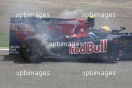 08.05.2009 Barcelona, Spain,  Sébastien Buemi (SUI), Scuderia Toro Rosso stops on the circuit and his brakes catch fire - Formula 1 World Championship, Rd 5, Spanish Grand Prix, Friday Practice