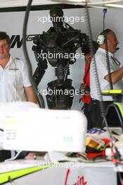 09.05.2009 Barcelona, Spain,  Rubens Barrichello (BRA), Brawn GP with Terminator in the garage - Formula 1 World Championship, Rd 5, Spanish Grand Prix, Saturday Practice