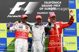 23.08.2009 Valencia, Spain,  1st place Rubens Barrichello (BRA), Brawn GP with 2nd place Lewis Hamilton (GBR), McLaren Mercedes and 3rd place Kimi Raikkonen (FIN), Räikkönen, Scuderia Ferrari - Formula 1 World Championship, Rd 11, European Grand Prix, Sunday Podium