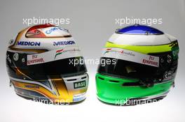 24.02.2009 Silverstone, England, (L to R): The helmets of Adrian Sutil (GER) Force India F1 and Giancarlo Fisichella (ITA) Force India F1.  - Force India F1 VJM02 Launch Studio Shoot, Silverstone, England, 24 February 2009 - Force India, VJM02 - Shakedown