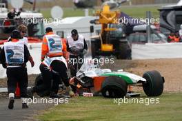 20.06.2009 Silverstone, England,  The car of Adrian Sutil (GER), Force India F1 Team after he crashed in Qualifying - Formula 1 World Championship, Rd 8, British Grand Prix, Saturday Qualifying