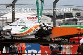 20.06.2009 Silverstone, England,  The car of Adrian Sutil (GER), Force India F1 Team aafter he crashed in Qualifying - Formula 1 World Championship, Rd 8, British Grand Prix, Saturday Qualifying