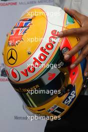 18.06.2009 Silverstone, England,  The new helmet of Lewis Hamilton (GBR), McLaren Mercedes for the British Grand Prix - Formula 1 World Championship, Rd 8, British Grand Prix, Thursday