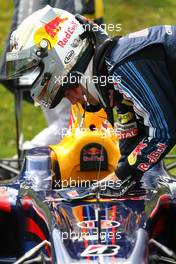 10.07.2009 Nurburg, Germany,  Sebastian Vettel (GER), Red Bull Racing stops on track during frist free practice - Formula 1 World Championship, Rd 9, German Grand Prix, Friday Practice