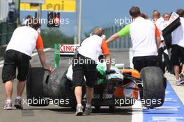 25.07.2009 Budapest, Hungary,  The car of Adrian Sutil (GER), Force India F1 Team after a crash in practice - Formula 1 World Championship, Rd 10, Hungarian Grand Prix, Saturday Practice