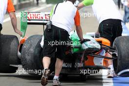 25.07.2009 Budapest, Hungary,  The car of Adrian Sutil (GER), Force India F1 Team after a crash in practice - Formula 1 World Championship, Rd 10, Hungarian Grand Prix, Saturday Practice