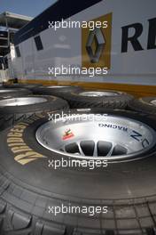 23.07.2009 Budapest, Hungary,  Bridgestone wet tires in front of the Renault truck - Formula 1 World Championship, Rd 10, Hungarian Grand Prix, Thursday