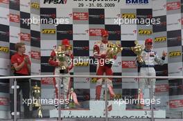 30.05.2009 Klettwitz, Germany,  Podium: race winner Jules Bianchi (FRA), ART Grand Prix Dallara F308 Mercedes, second place Valtteri Bottas (FIN), ART Grand Prix Dallara F308 Mercedes, third place Jean Karl Vernay (FRA), Signature Dallara F308 Volkswagen - F3 Euro Series 2009 at Lausitzring, Germany